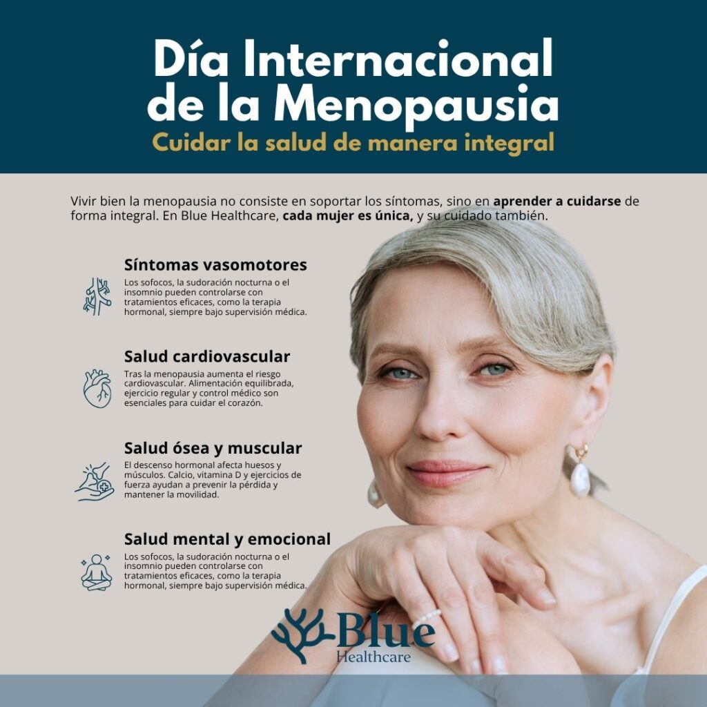 Infografía informativa sobre cómo cuidar la salud durante la menopausia, con recomendaciones médicas sobre síntomas vasomotores, salud cardiovascular, ósea y emocional.