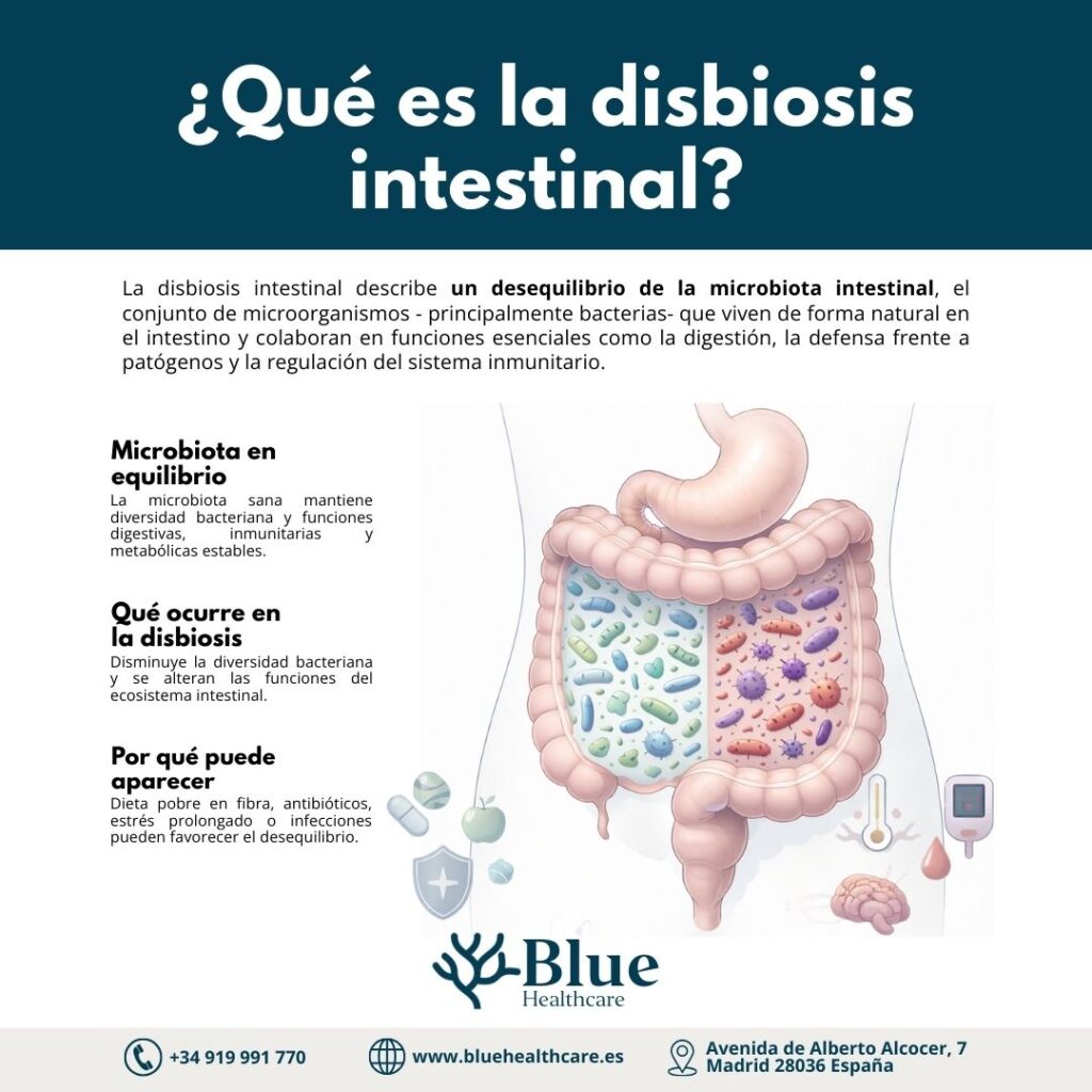 Infografía que explica qué es la disbiosis intestinal, el desequilibrio de la microbiota y sus causas más frecuentes.